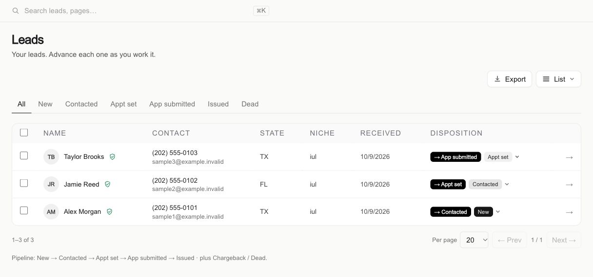 Slate Life workspace with sample lead details and follow-up tools.